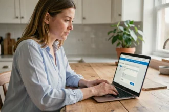 Femme utilisant un ordinateur portable pour obtenir une estimation du prix de son assurance auto en ligne