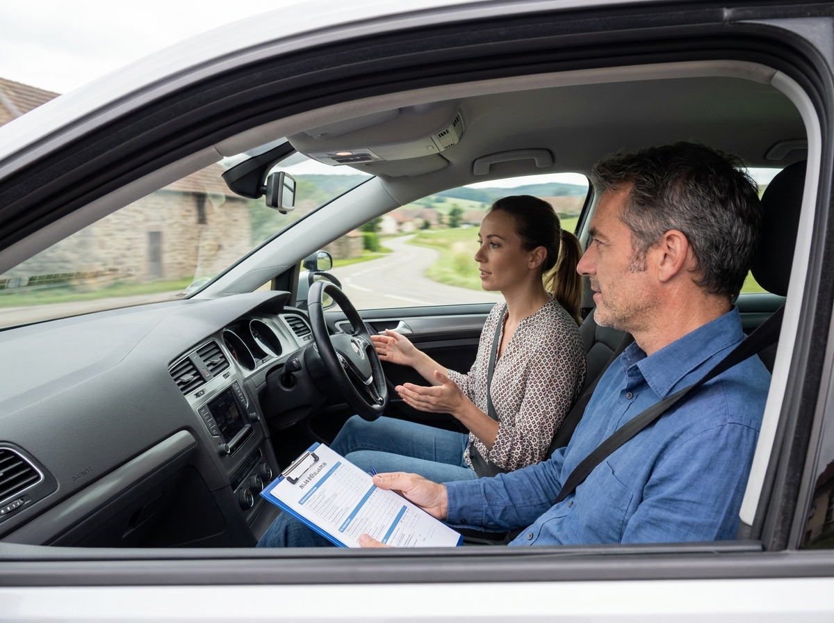 Monitrice d'auto-école et conducteur en évaluation de conduite sur une route du Bas-Rhin pour récupérer un permis