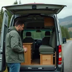 Homme inspectant un van aménagé en pleine nature