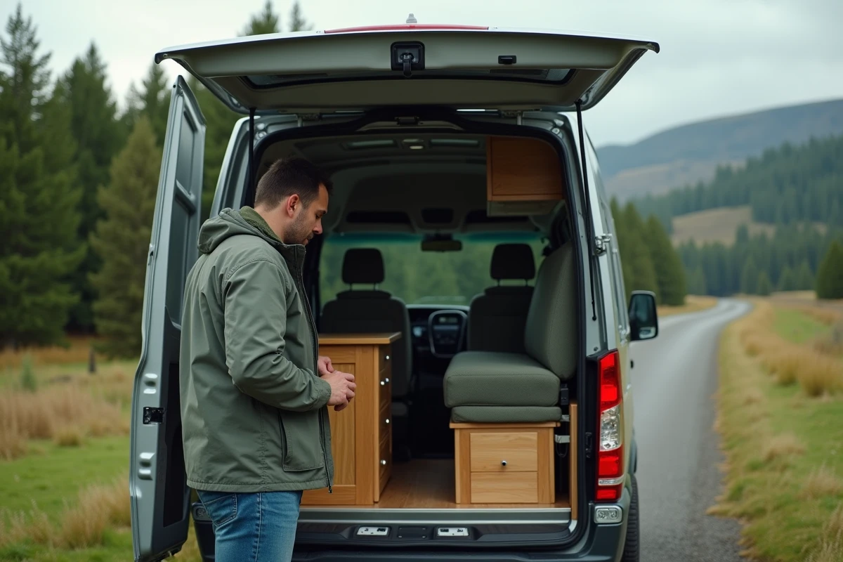Homme inspectant un van aménagé en pleine nature