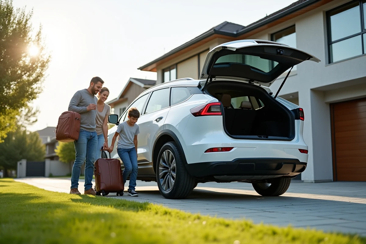 Famille chargeant un SUV électrique dans une allée résidentielle, usage quotidien et rentabilité sur 5 ans