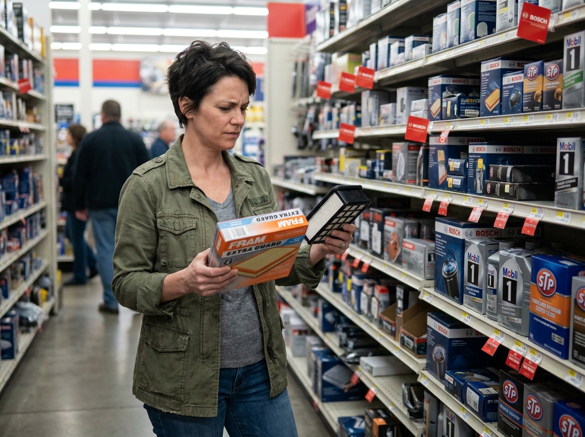 Femme comparant des pièces auto bon marché pour sa Golf dans un magasin de pièces détachées automobile