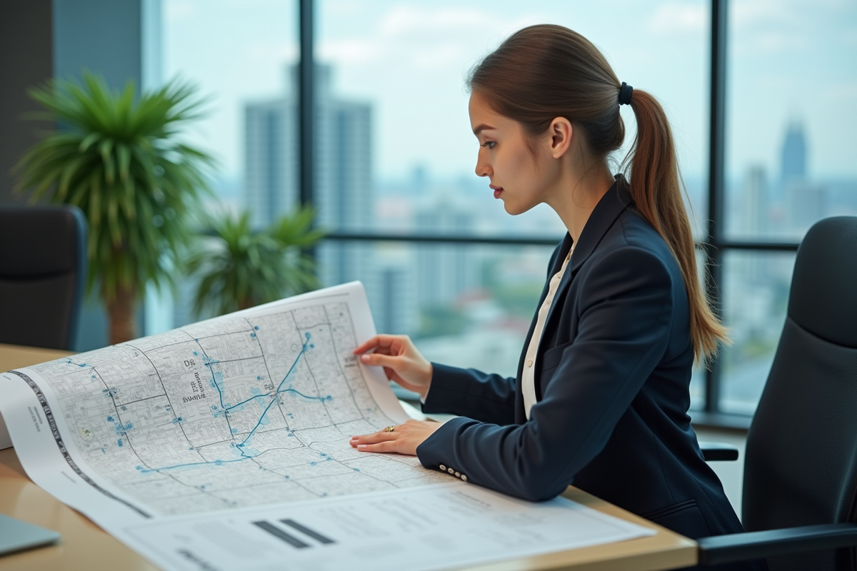 Jeune femme analysant une carte de réseaux électriques
