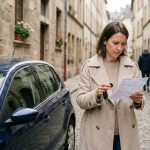 Femme consultant un document d'assurance auto à côté d'une petite voiture citadine dans une rue pavée européenne