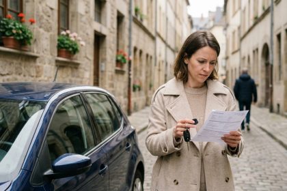 Femme consultant un document d'assurance auto à côté d'une petite voiture citadine dans une rue pavée européenne