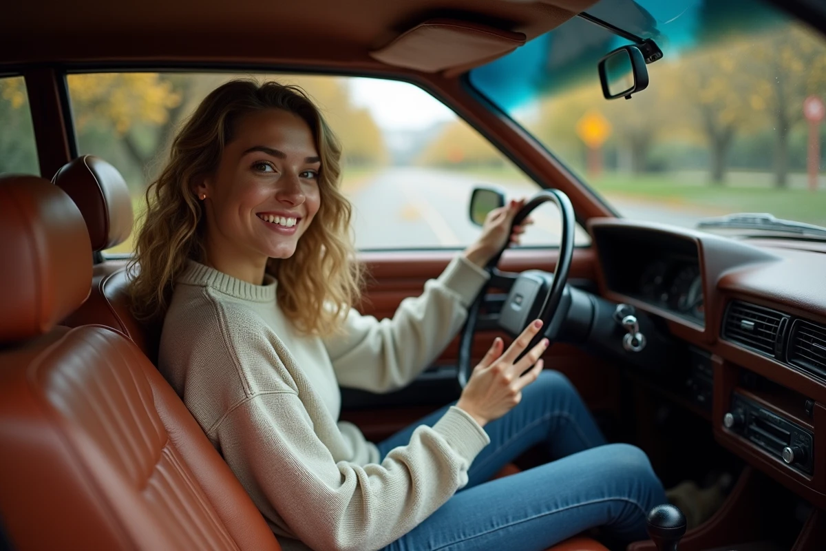 Femme souriante dans une voiture vintage en automne