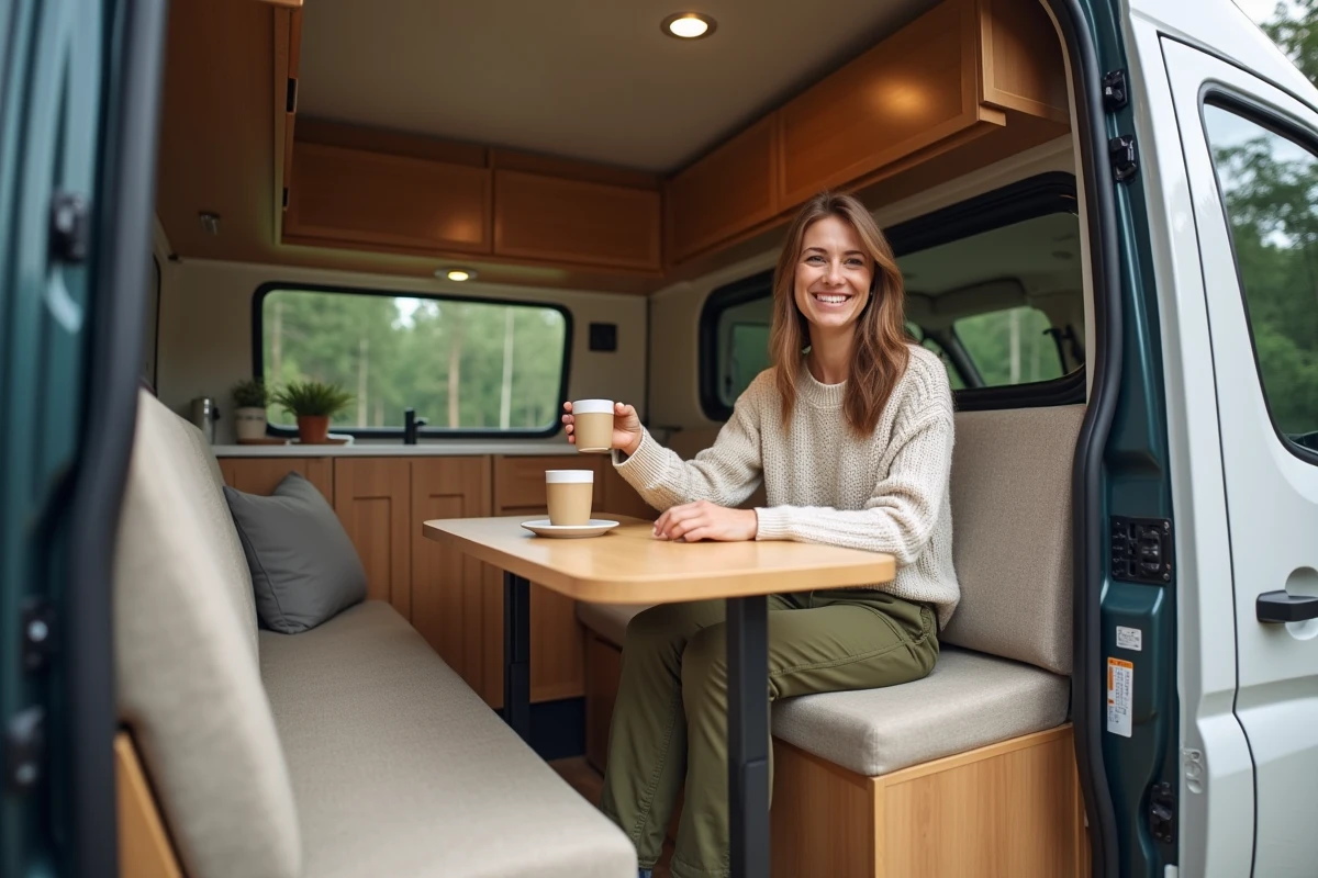 Femme souriante dans un van avec coin repas cosy