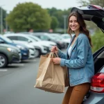 Femme souriante chargeant ses sacs dans le coffre de sa voiture