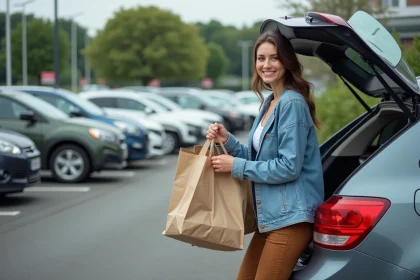 Femme souriante chargeant ses sacs dans le coffre de sa voiture