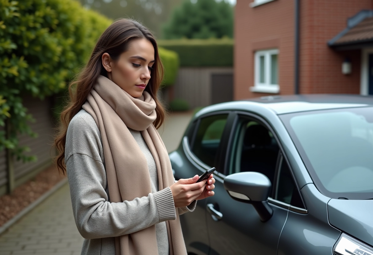 Femme avec clé de voiture près de sa Renault Clio dans la cour