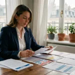 Femme comparant des offres d'assurance auto sur son bureau dans un appartement parisien