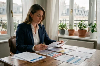 Femme comparant des offres d'assurance auto sur son bureau dans un appartement parisien