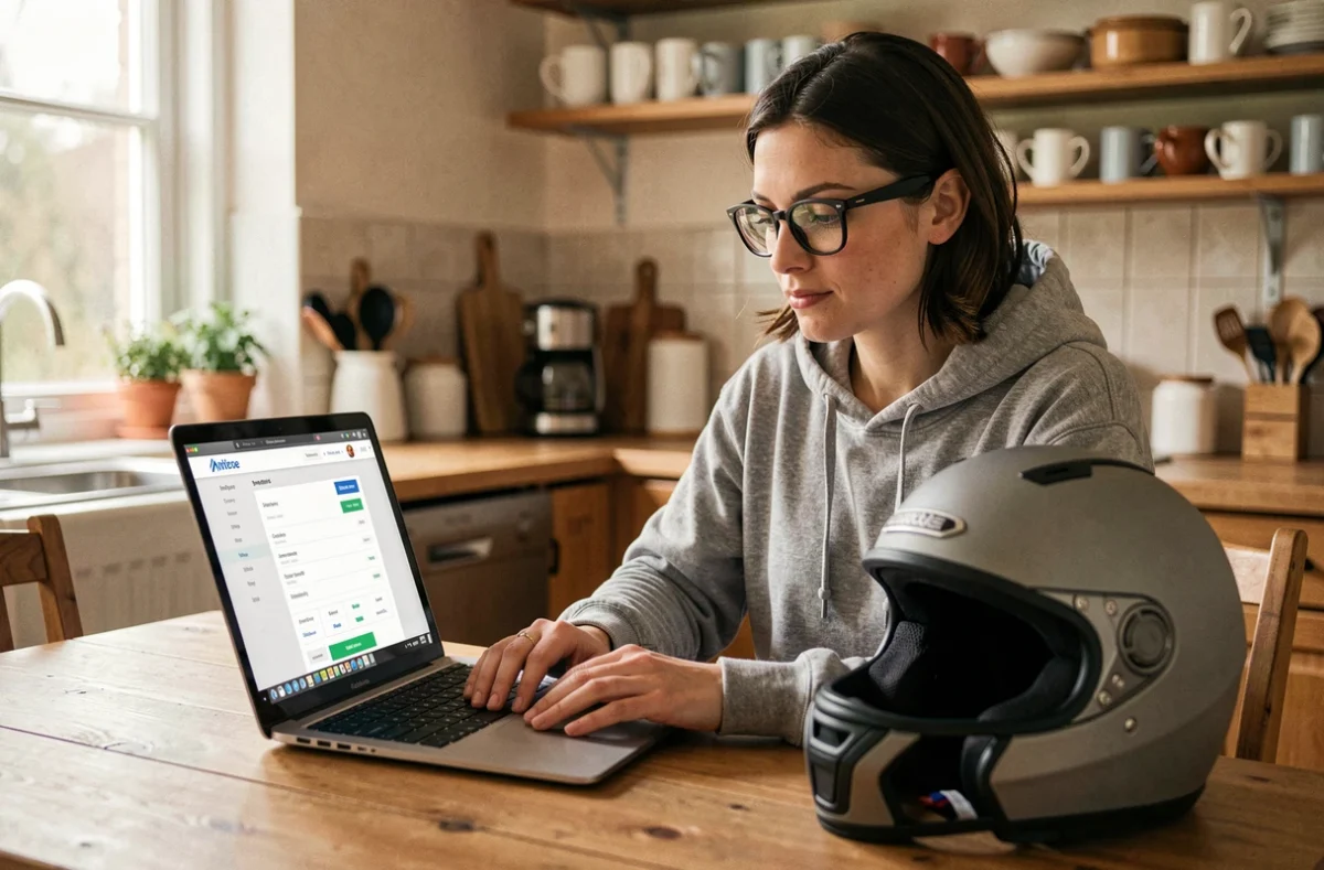 Femme comparant des offres d'assurance moto tous risques sur son ordinateur portable avec un casque posé sur la table