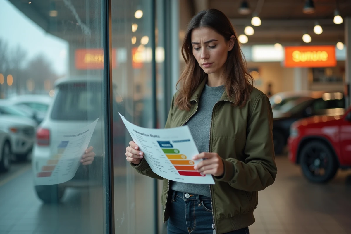 Femme consultant une brochure automobile en concession pour comprendre le malus fiscal lié aux chevaux-vapeur en 2026