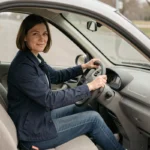 Femme conduisant une voiture sans permis, mains sur le volant, intérieur compact et moderne
