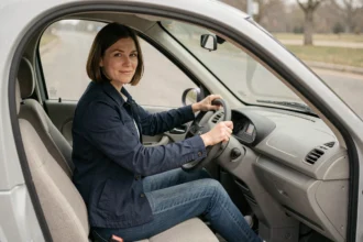 Femme conduisant une voiture sans permis, mains sur le volant, intérieur compact et moderne