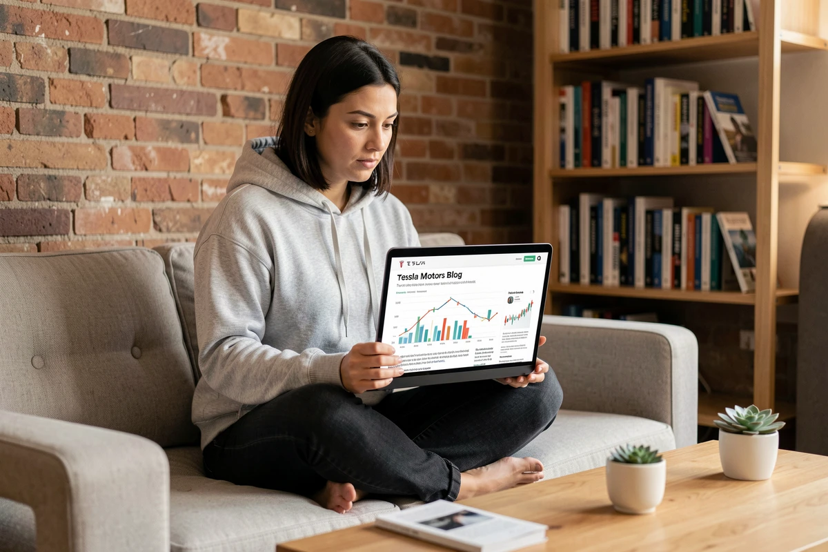 Jeune femme consultant le blog Tesla Motors sur un ordinateur portable depuis son bureau à domicile