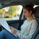 Femme dans sa voiture examine documents d'assurance