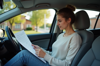 Femme dans sa voiture examine documents d'assurance