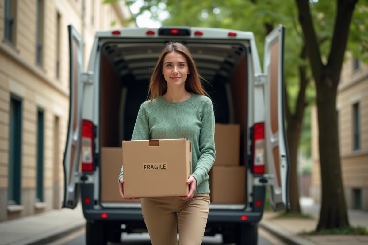 Femme déchargeant des cartons dans une rue résidentielle calme