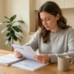 Femme consultant des documents d'assurance voiture à une table en bois dans un appartement moderne