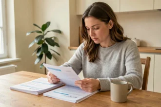 Femme consultant des documents d'assurance voiture à une table en bois dans un appartement moderne