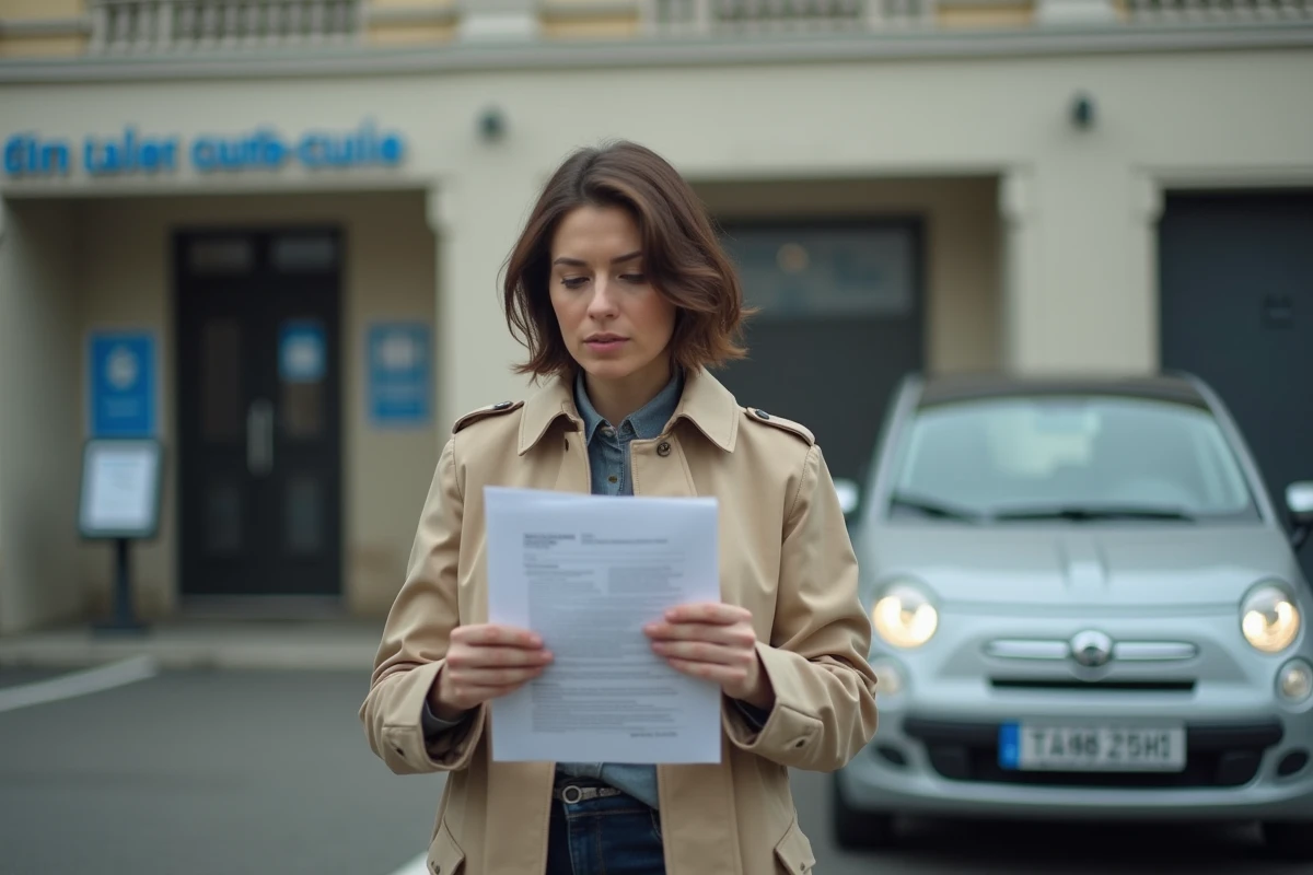 Femme tenant des documents administratifs près d'une voiture à plaque ukrainienne devant une préfecture française