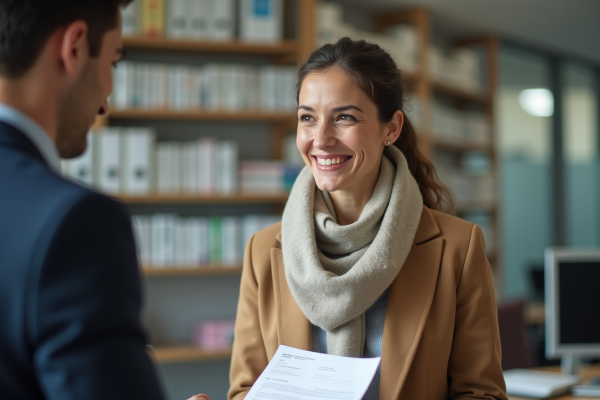 Femme souriante remettant un dossier à un agent administratif