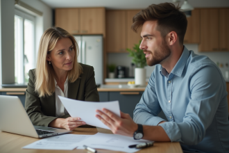 Femme et jeune homme discutent avec documents d'assurance