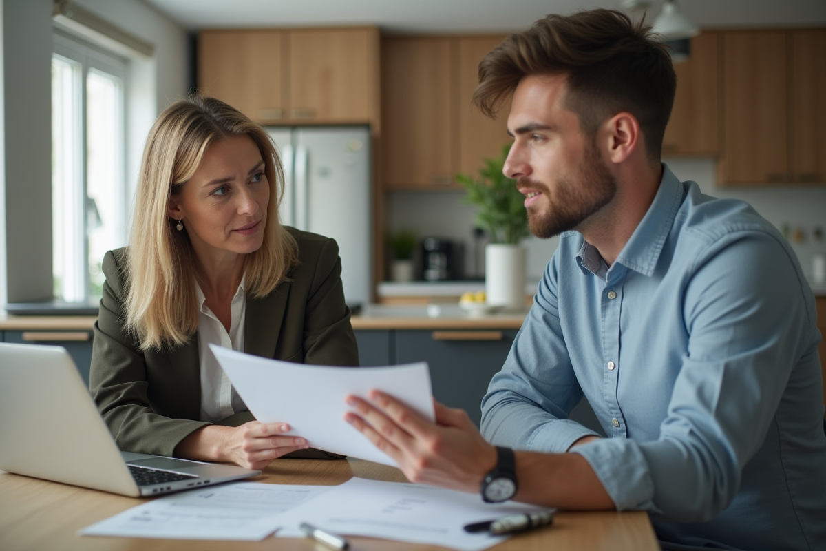 Femme et jeune homme discutent avec documents d'assurance