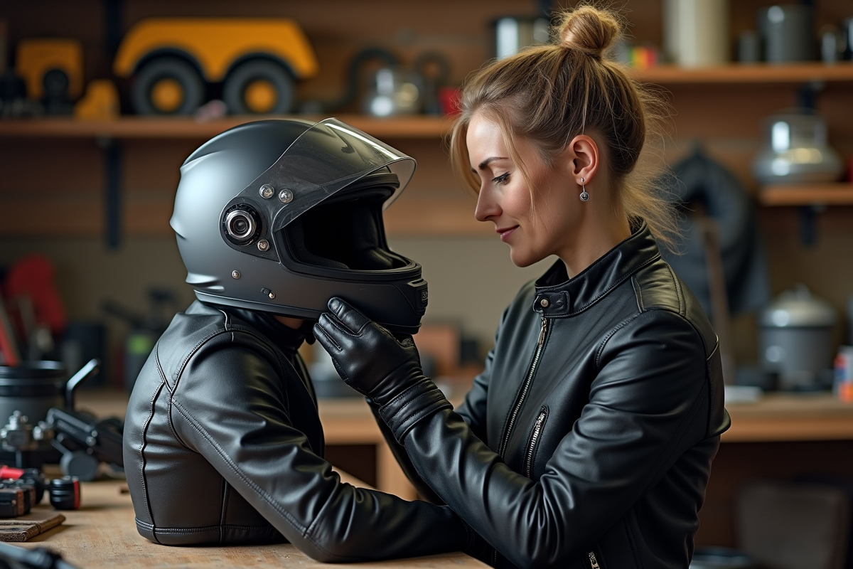 Femme ajustant son intercom dans son garage moto