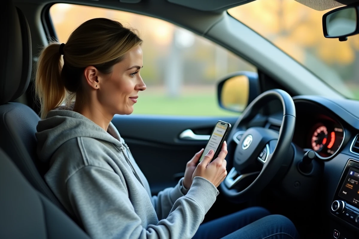 Femme lisant un code défaut DTC sur son smartphone via un dongle OBD Bluetooth dans l'habitacle d'un SUV