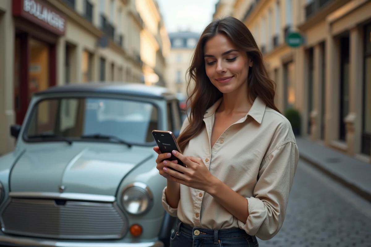 Femme debout près de sa voiture en ville consultant Mappy sur mobile pour trouver un itinéraire en France