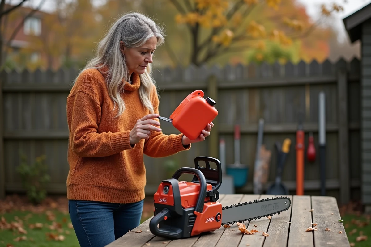 Femme lisant les instructions de mélange essence huile pour une tronçonneuse dans un jardin