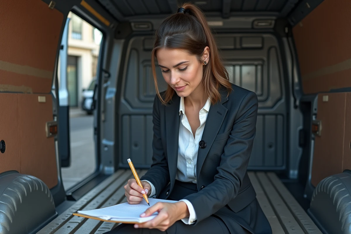 Jeune femme mesure espace de chargement dans un Renault Trafic