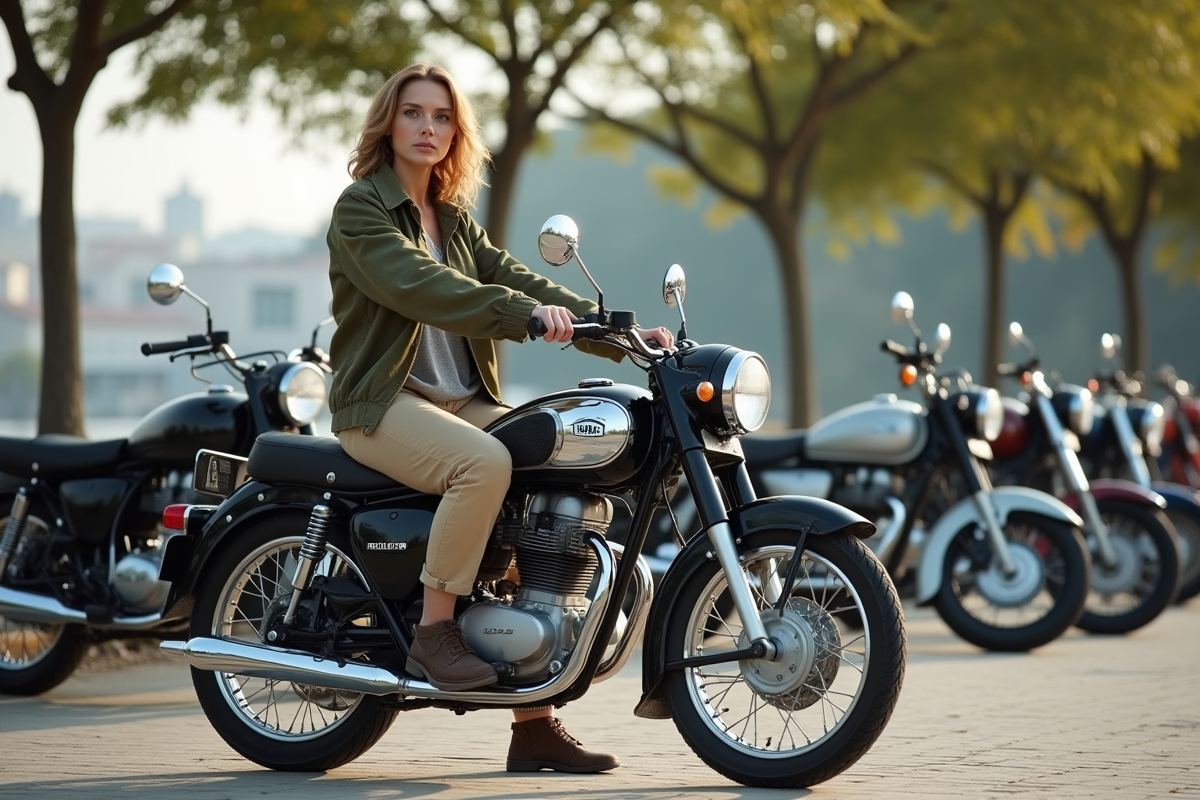 Femme passionnee de moto assise sur une Dax 125cc en plein air
