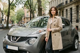 Femme debout à côté d'une Nissan Juke en ville, avis conductrice SUV au look sportif