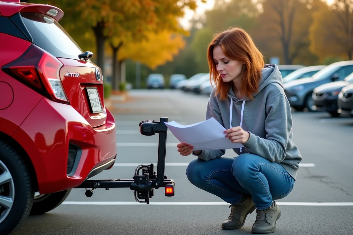 Femme consultant la notice de montage d'un porte-vélo 4 vélos attelage derrière son véhicule en stationnement