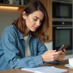 Femme concentrée utilisant son smartphone dans une cuisine moderne