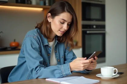 Femme concentrée utilisant son smartphone dans une cuisine moderne