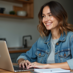 Femme souriante utilisant son ordinateur pour démarches administratives