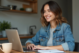 Femme souriante utilisant son ordinateur pour démarches administratives