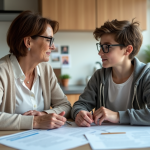 Femme et adolescent avec documents d'assurance voiture