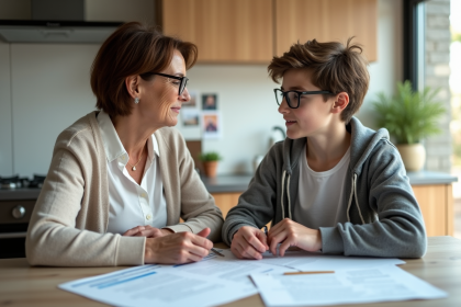 Femme et adolescent avec documents d'assurance voiture