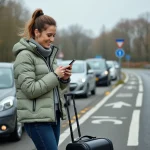 Femme consultant son téléphone dans un parking de covoiturage Vinci Autoroutes à La Chapelle Saint Mesmin