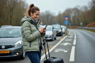 Femme consultant son téléphone dans un parking de covoiturage Vinci Autoroutes à La Chapelle Saint Mesmin