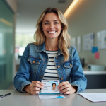 Femme souriante tenant son permis de conduire dans un bureau