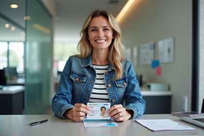 Femme souriante tenant son permis de conduire dans un bureau