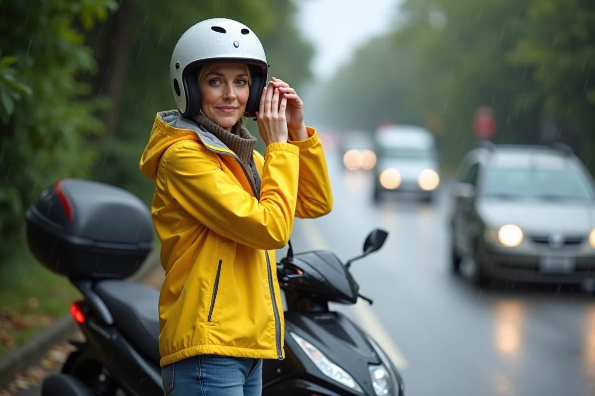 Femme en veste jaune ajustant son casque près d