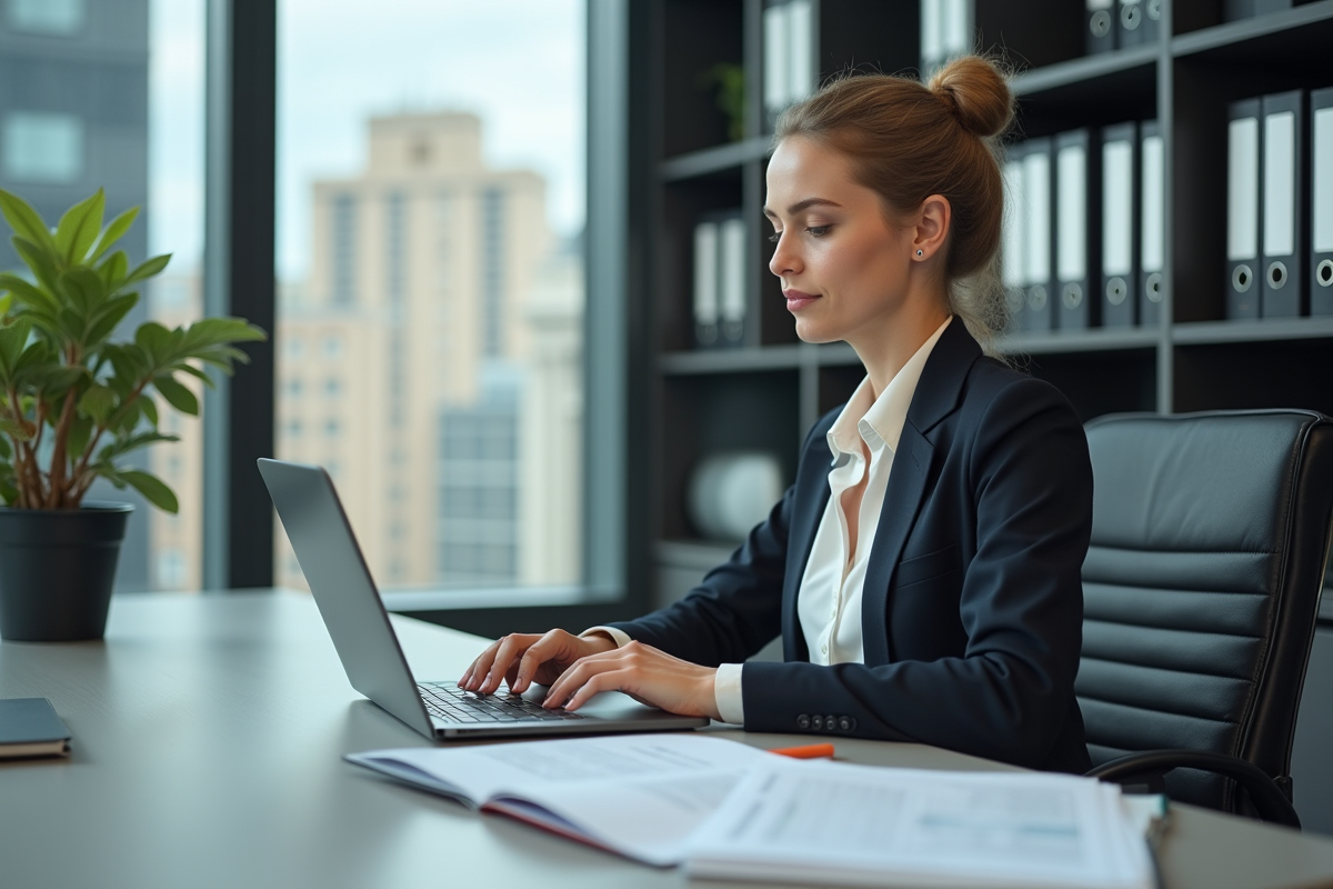 Femme française travaillant sur son ordinateur dans un bureau moderne